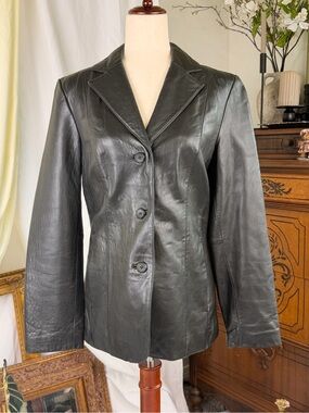 Vintage Black Leather Button-Front Women's Jacket by Siena 8 High Quality Supple